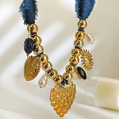 316L Surgical Stainless Steel & Resin & Plastic Pearl Heart Pendant Denim Cloth Bib Necklaces for Women&nbsp;WGD44EE-01