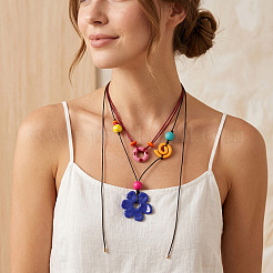 Resin and Wood Flower Conch Shape Pendant Waxed Cord Double Layer Necklaces for Women&nbsp;WG7D97B-01