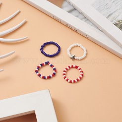 4Pcs 4 Style Independence Day Glass Seed Stretch Finger Rings Set with Brass Star Beaded for Women&nbsp;RJEW-TA00065