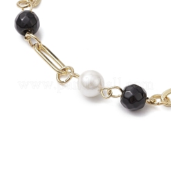 Shell Pearl Beads & Black Stone Link Bracelets&nbsp;BJEW-JB11270