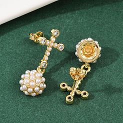 Brass Micro Pave Clear Cubic Zirconia Cross with Half Round Dangle Stud Earrings&nbsp;EJEW-L275-05G