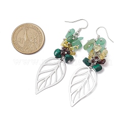 Leaf 201 Stainless Steel Natural Citrine & Natural Green Aventurine & Natural Malachite & Natural Garnet Chip Dangle Earrings&nbsp;EJEW-JE06138-02