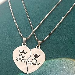 2Pcs Heart with Word King Queen Alloy Split Pendant 201 Stainless Steel Box Chain Necklaces for Couple&nbsp;FS-WG4F8D3-01