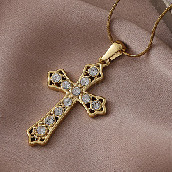 Vintage 304 Stainless Steel with Clear Glass Hollow Cross Pendant Necklaces for Women&nbsp;KE6817