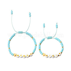 2Pcs Mother's Day Resin & Glass Mama & Mini Beaded Braided Bead Bracelet Set&nbsp;WGEEE28-02