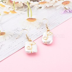 Wire Wrapped Natural Baroque Pearl Keshi Pearl Dangle Earrings&nbsp;EJEW-JE04506-01