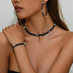 Alloy with Jet Rhinestone Chain Necklace & Hoop Earring & Bracelet&nbsp;FS-WG9D127-02