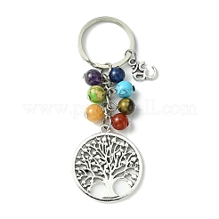 7 Chakra Gemstone Bead Pendant Keychain with Tibetan Style Alloy Tree of Life Charm&nbsp;KEYC-JKC00542