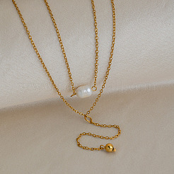 304 Stainless Steel and Natural Freshwater Pearl Double Layer Y Tassel Necklaces for Women&nbsp;QG5274