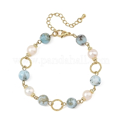 Natural Larimar & Cultured Freshwater Pearl Brass Link Bracelets for Women&nbsp;BJEW-JB14409