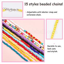 15Pcs 15 Styles Round Glass Seed Beads Choker Necklaces&nbsp;NJEW-AR0001-01