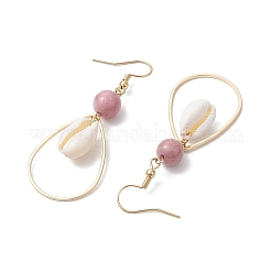 Brass with Natural Cowrie Shell with Natural Rhodochrosite Dangle Earring&nbsp;EJEW-JE06053