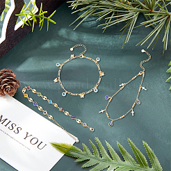 3Pcs 3 Style Butterfly & Cross & Enamel Evil Eye Charm Anklets Set&nbsp;AJEW-AN0001-06