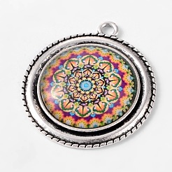 Flat Round Alloy Pendant Cabochon Bezel Settings and Geometric Flower Printed Glass Cabochons&nbsp;TIBEP-X0171-03