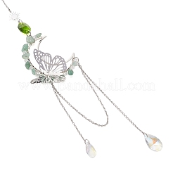 Natural Green Aventurine Chips & Brass Moon & 304 Stainless Steel Butterfly Suncatcher&nbsp;HJEW-TA00449-01