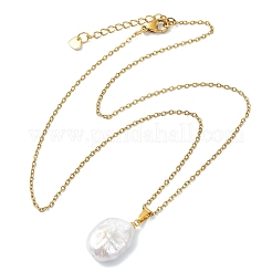 Natural Baroque Keshi Pearl Oval Pendant 304 Stainless Steel Cable Chain Necklaces&nbsp;NJEW-JN06135