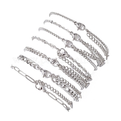 7Pcs 304 Stainless Steel Figaro Chains & Venetian Chains & Water Wave Chains & Cable Chains & Rolo Chains & Bracelets for Women&nbsp;BJEW-JB12773