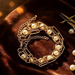 Vintage White Round Imitation Pearl Iron Chain 2-Strand Bracelets for Women&nbsp;HP8707