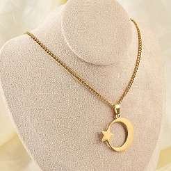 201 Stainless Steel Crescent Moon Star Pendant Twisted Chain Necklaces&nbsp;NJEW-S387-07G