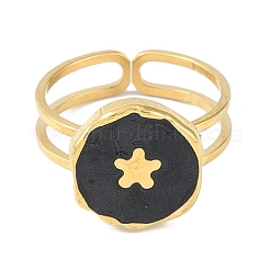Ion Plating(IP) 304 Stainless Steel Enamel Flat Round with Flower Cuff Finger Rings&nbsp;RJEW-L107-067G-02