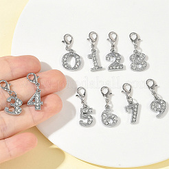 10Pcs 10 Styles Number 0~9 Alloy Rhinestone Pendant Decorations&nbsp;HJEW-YW00549