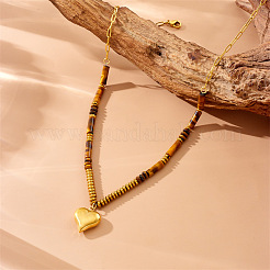 304 Stainless Steel Heart Pendant Natural Tiger Eye Beaded Necklaces for Women&nbsp;WG2C0E0-01