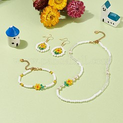 Glass Flower & Shell Pearl Beaded Dangle Earrings Bracelet Necklace&nbsp;SJEW-TA00006