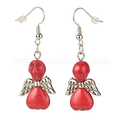 Synthetic Turquoise Skull with Wings Dangle Earrings&nbsp;EJEW-JE04944-01