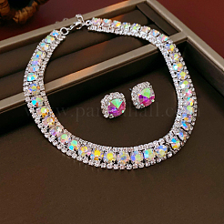 Square Brass with Rhinestone Chain Necklace & Stud Earring&nbsp;WG5A820-04