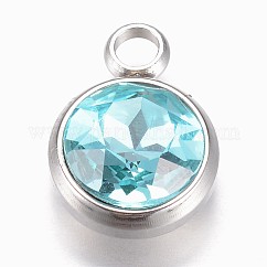 Glass Charms, Faceted, with 304 Stainless Steel Findings, Flat Round, Aquamarine, 14x10x6.5mm, Hole: 2.5mm