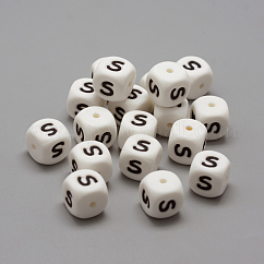Food Grade Eco-Friendly Silicone Beads, Letter Style, Cube, Letter.S, 12x12x12mm, Hole: 2mm