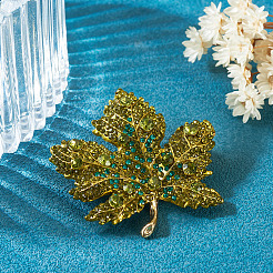 Autumn Maple Leaf Light Gold Alloy Rhinestone Brooch Pins&nbsp;JEWB-TADJ0001-01B