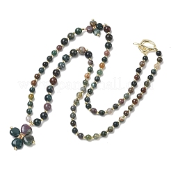 Saint Patrick's Day Natural Indian Agate Clover Pendant Round Beaded Necklaces with Brall Heart OT Clasps&nbsp;NJEW-G202-02G-01