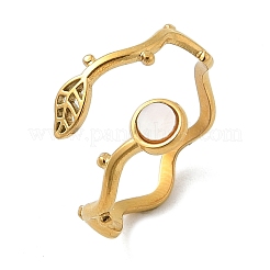 Leaf & Flat Round 304 Stainless Steel White Shell Cuff Rings for Women&nbsp;RJEW-G346-01G-02
