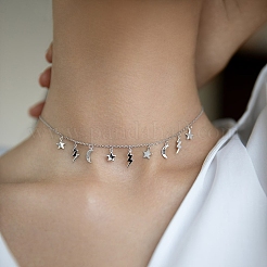 S925 Silver Star Moon Pendant Necklace Zircon Geometric Elegant Minimalist Jewelry&nbsp;AY0124-1
