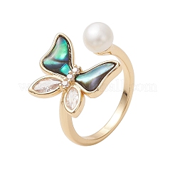 3Pcs 3 Colors Butterfly Brass Micro Pave Clear Cubic Zirconia & Abalone Shell Cuff Rings&nbsp;RJEW-JR00996