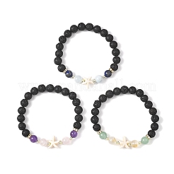 3Pcs Round Natural Lava Rock & Citrine & Lapis Lazuli & Green Aventurine & Amethyst & Madagascar Rose Quartz & Synthetic Turquoise Beads  Stretch Bracelets for Women&nbsp;BJEW-JB12789