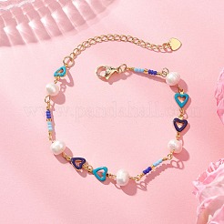 Handmade Brass Enamel Heart Link Chain Bracelets for Women&nbsp;BJEW-JB14048