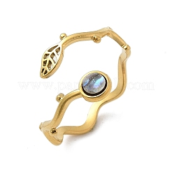 Leaf & Flat Round 304 Stainless Steel Paua Shell Cuff Rings for Women&nbsp;RJEW-G346-01G-01