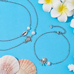 3Pcs 3 Style Turtle & Shell & Starfish Alloy Link Anklets Set with 304 Stainless Steel Cable Chains&nbsp;AJEW-AN00550