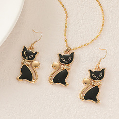 Cat Shape Zinc Alloy Enamel Pendant Necklaces & Dangle Earrings Sets&nbsp;FS-WG2319B-01