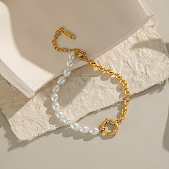 Fashion Plastic Pearl & 304 Stainless Steel Oval Beaded Link Bracelets for Women&nbsp;UP6693