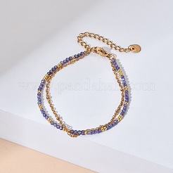 Golden Tone 304 Stainless Steel Double Strand French Chain Bracelets with Faceted Round Cubic Zirconia for Women&nbsp;PW9964-3