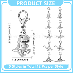 60Pcs 5 Styles Tibetan Style Alloy Dinosaur Pendant Decorations&nbsp;HJEW-HY0001-26