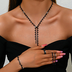 Alloy Rhinestone Tassel Pendant Necklace & Stud Earring & Ring&nbsp;FS-WG7E587-01