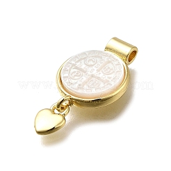 Brass Pave Natural White Shell Flat Round with Heart Pendants&nbsp;KK-C090-37G-06