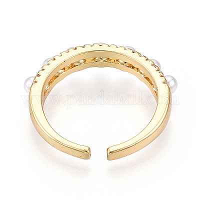 Brass Micro Pave Clear Cubic Zirconia Cuff Rings for Women, wth ABS  Imitation Pearl Round Beads, Real 18K Gold Plated, 5mm, Inner Diameter:  17.1mm