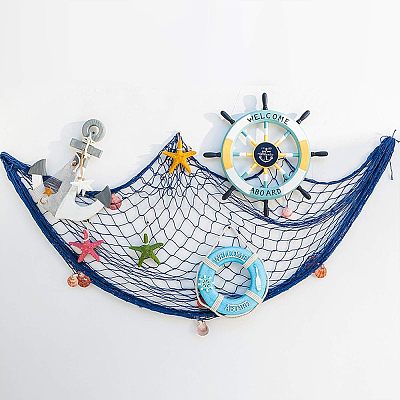 decorative fish net for a sea theme ZUEXT 3 Pack Fishing Net, Aqua Cotton Decor, 5x10 ft You can hang fishnet photo display on the wall Nautical Rope Net Wall Hanging