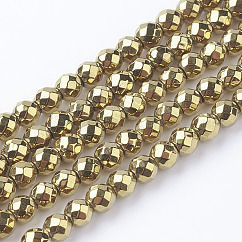 Non-Magnetic Synthetic Hematite Beads Strands, PVD Vacuum Plating, Long-Lasting Plated, Faceted(64 Facets), Round, Golden Plated, Gold, 3mm, Hole: 1mm