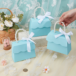 Foldable Paper Wedding Candy Totes with White Imitation Pearl Round Beaded Handle and Ribbon&nbsp;CON-WH0123-16